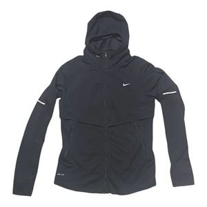 Women's Nike Dri-Fit Running Full Zip Black Jacket Hooded Reflective Vented Lg